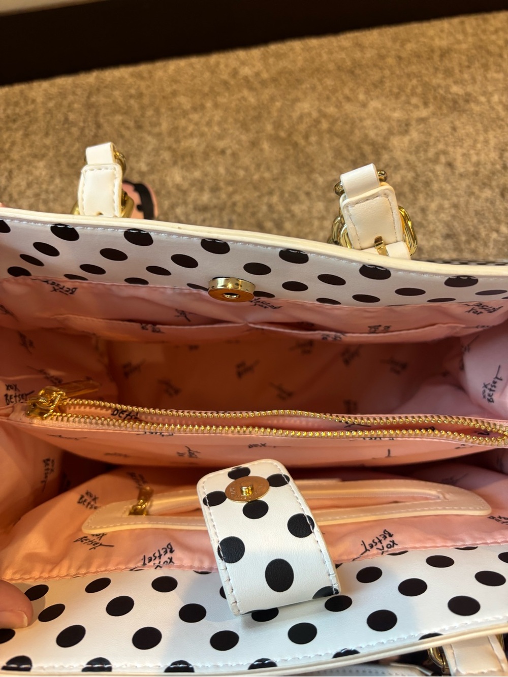 Betsey Johnson Black & White Polka Dot Tote with Pink Pom Charm - Picture 7 of 10